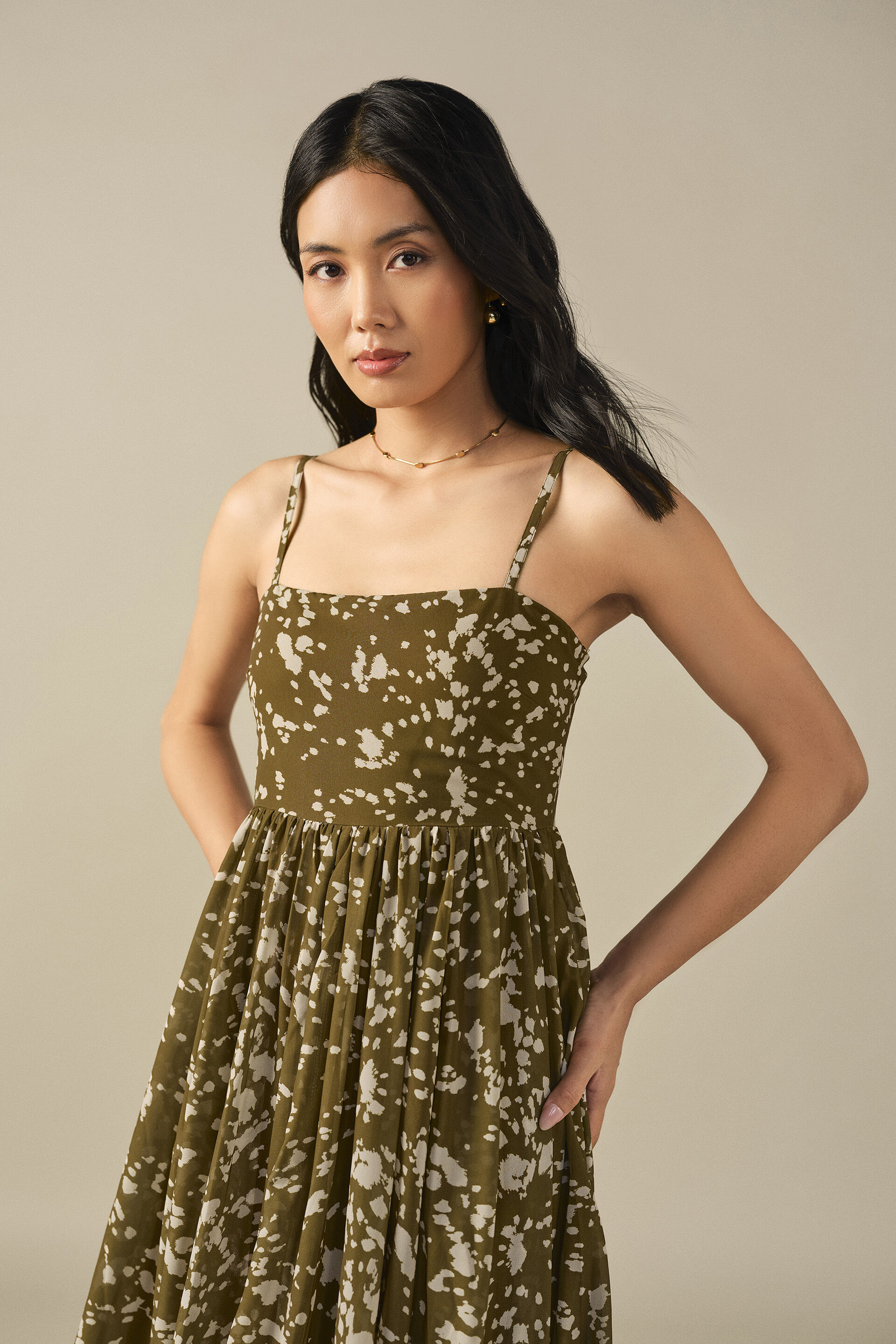 Printed Maxi Dress in Olive, Green, image 4